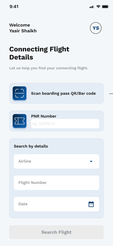 Connecting flight details search screen