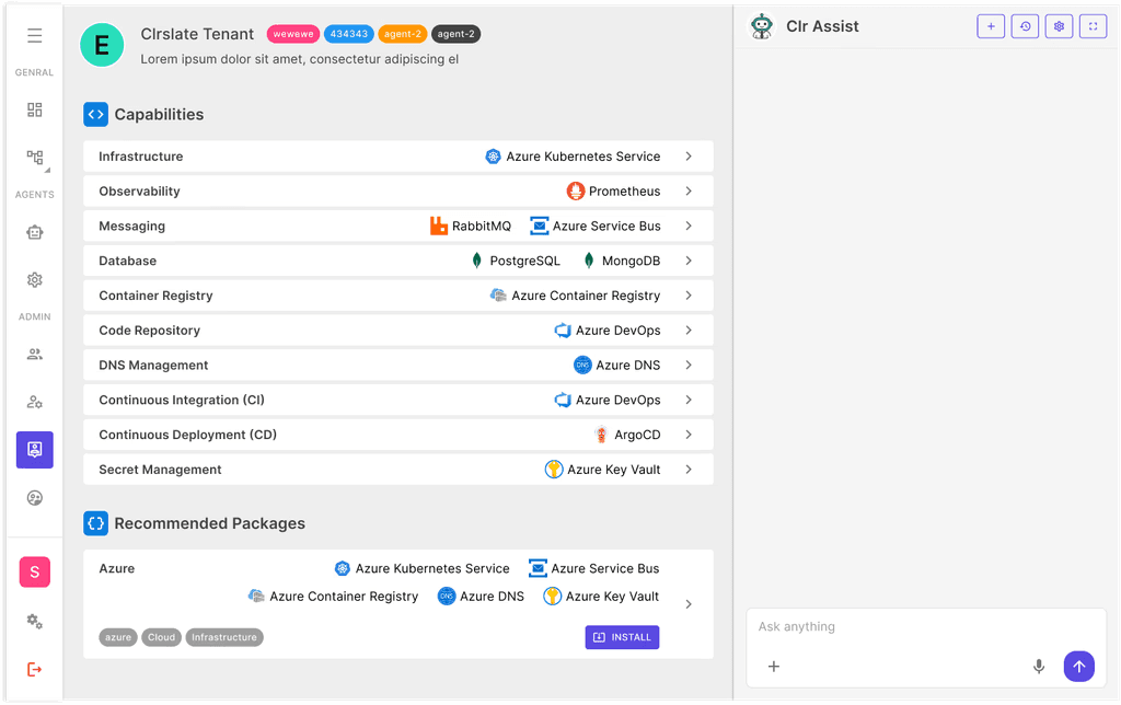 Tenant capability setup with Clr Assist