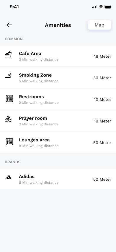 Airport amenities list screen