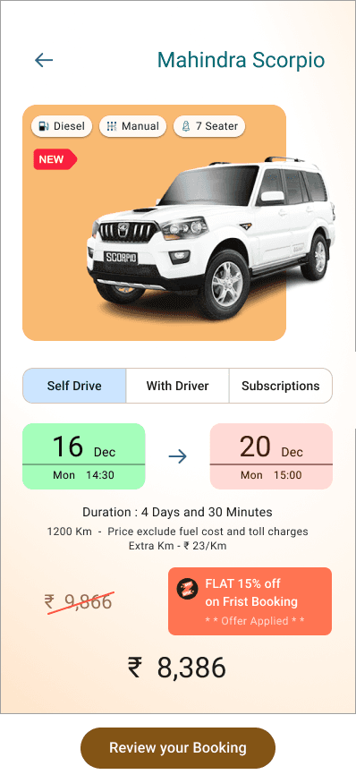 Mahindra Scorpio car rental booking screen