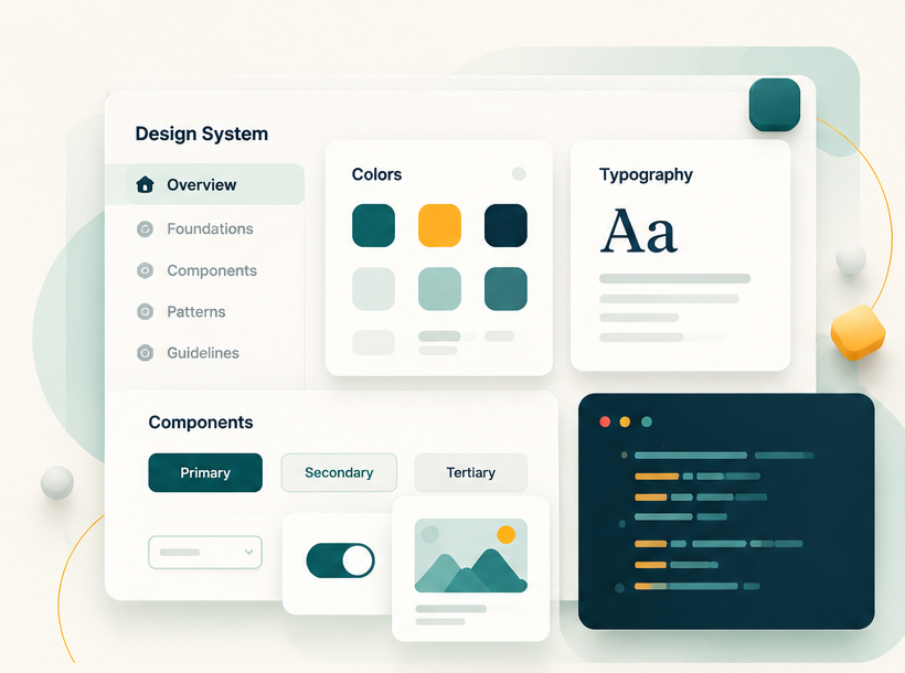 Illustration of a design system with colors, typography, and shared components.