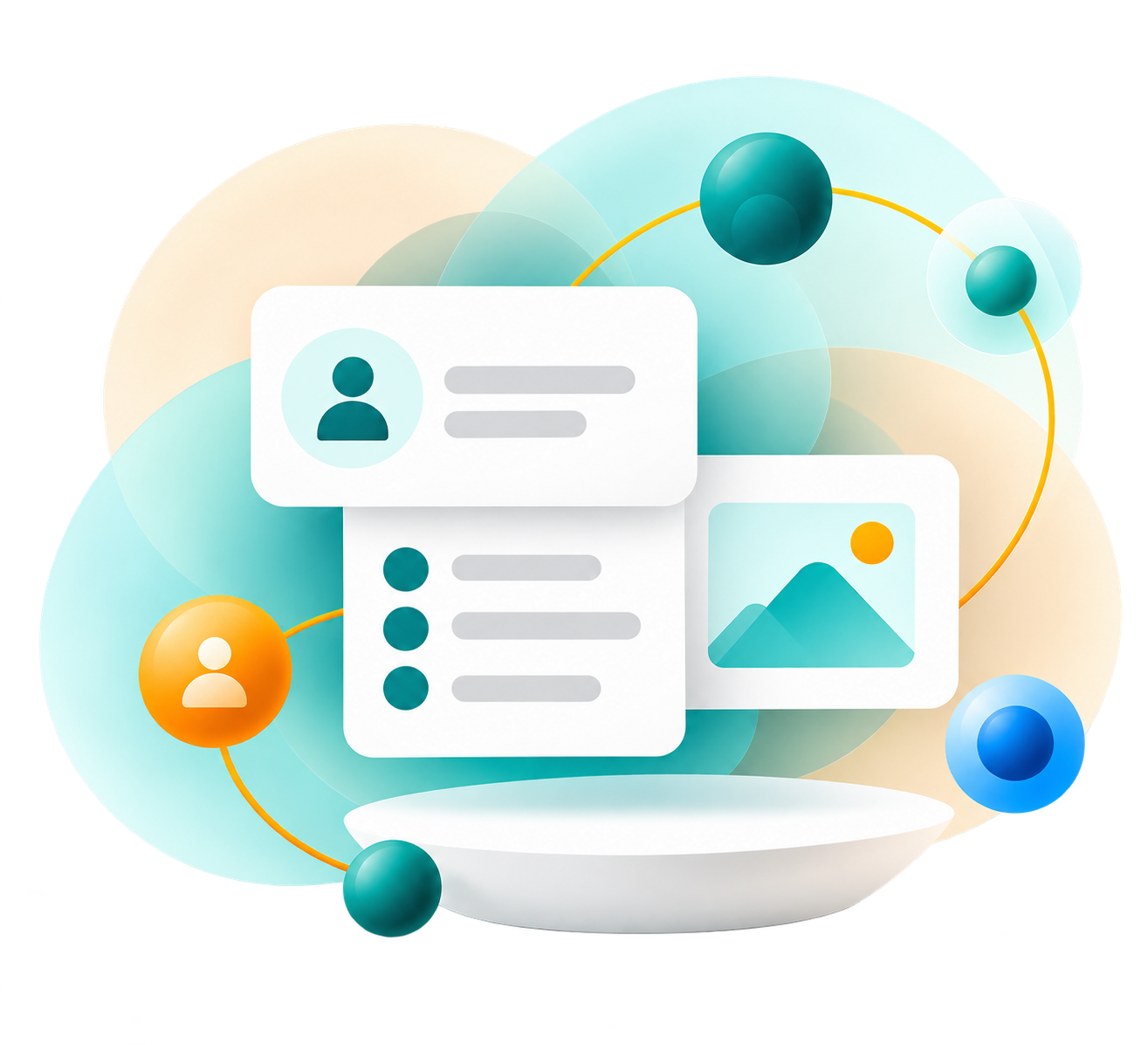 Illustration of profile and content cards connected across a product team.