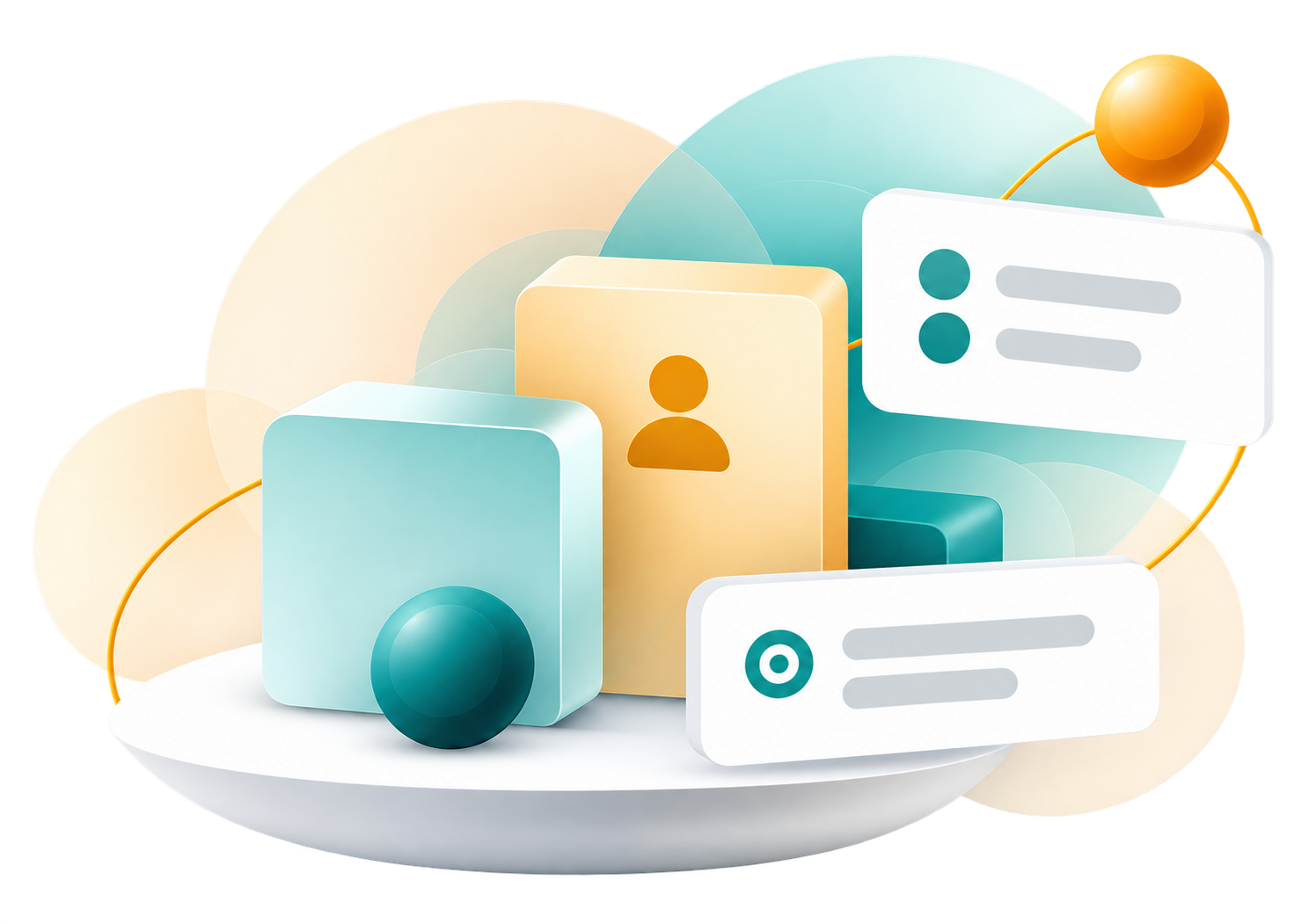 Illustration of team and product blocks arranged on a shared platform.